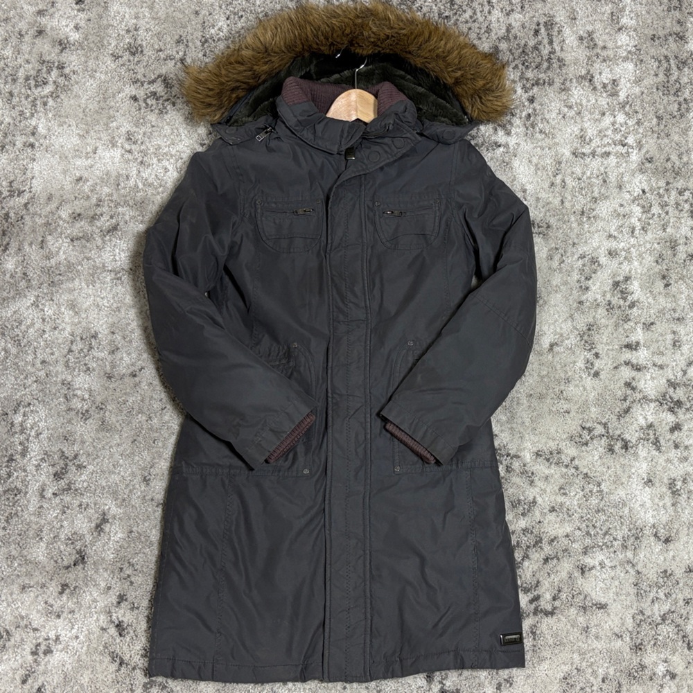 Aritzia Grey Puffer Coat with Brown Fur Trim